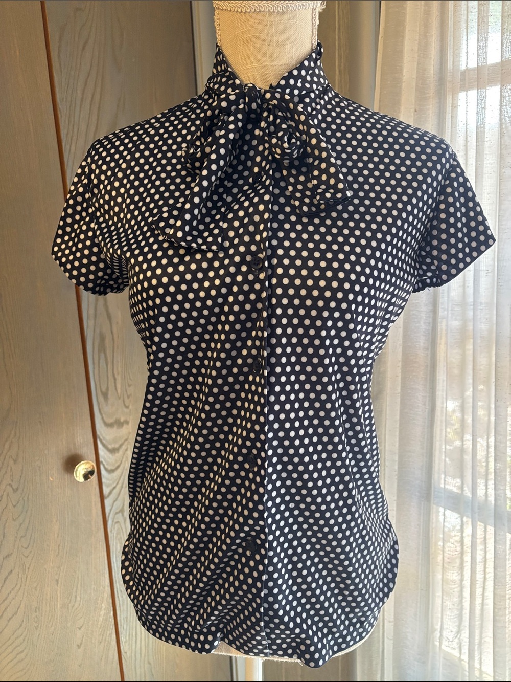 Vintage 70s Tie Neck Polyester Polka Dot Blouse Top Button Down Singapore